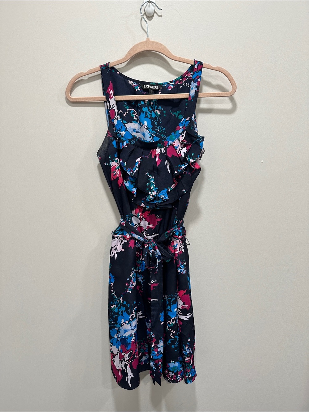 Express Navy Floral Ruffle Tie-Waist Dress with Pink & Blue Accents